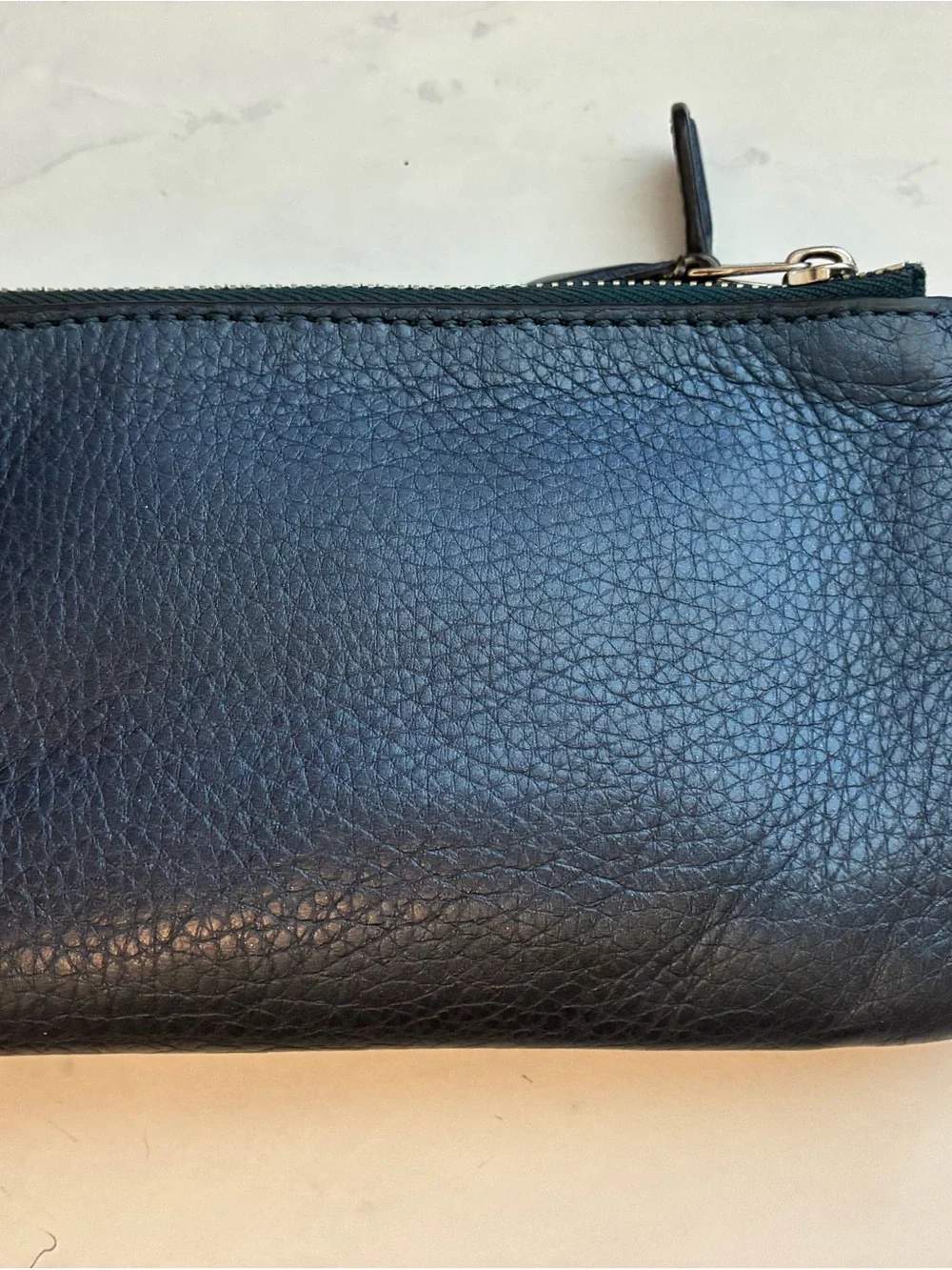 Coach Navy Pebbled Leather Zip Double corner zip wristlet